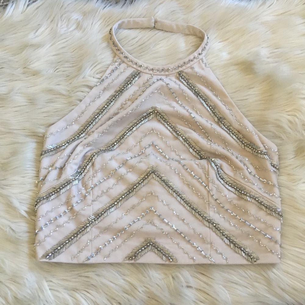 Aidan Mattox nude sequined beaded embellished haulter top tank evening wear